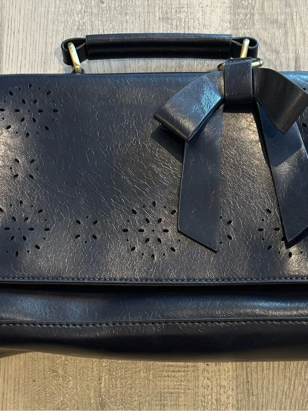 Walasa Pocketful of Sunshine Navy Leather Bow Satchel Crossbody Bag